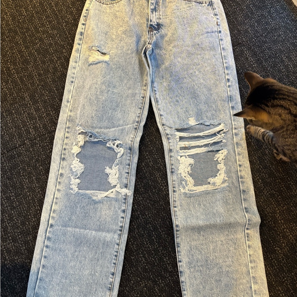 Blue Straight Leg Distressed Jeans